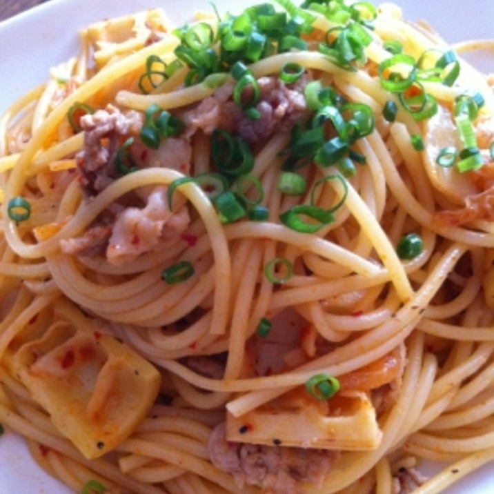 ビールに合うパスタ!豚キムと淡竹のパスタ
